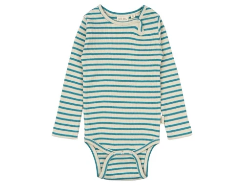 Stribet langærmet body fra Petit Piao i farverne mørk råhvid med turkis PP301 turquoise dark off white